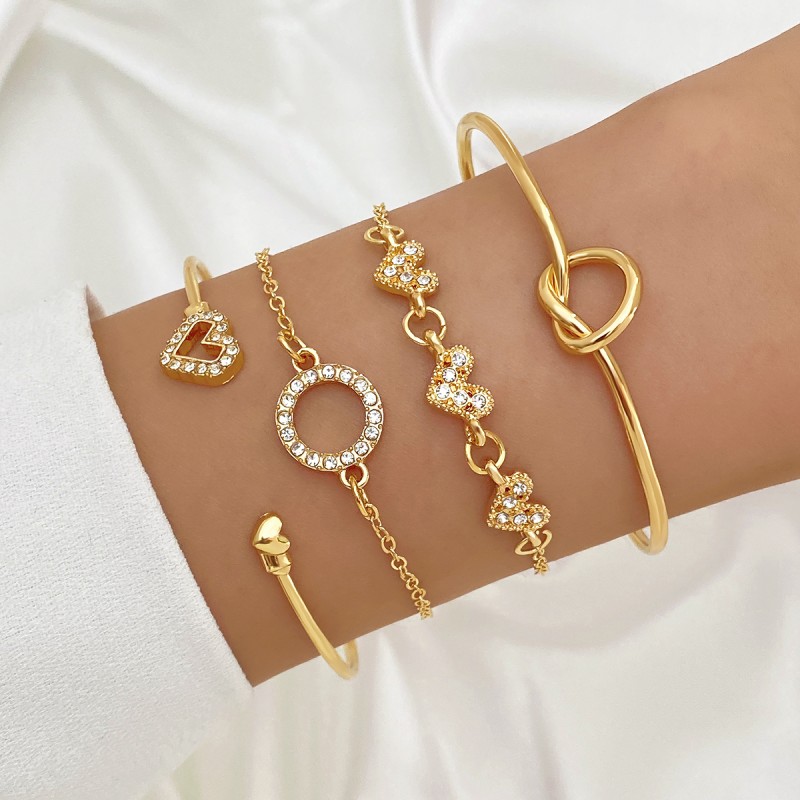 Bracelet Set Factory - 4Pcs Flower Heart Knot Adjustable Gold Double Heart