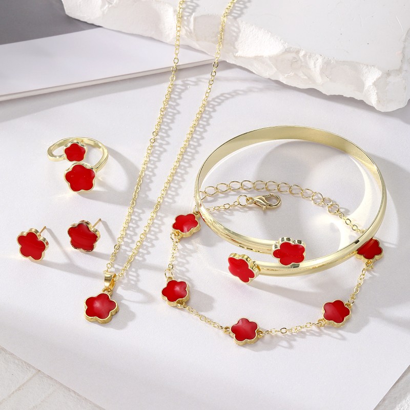 Jewelry Set Manufacturer - 5Pcs Five-leaf Flower Earrings Bracelet Necklace Ring
