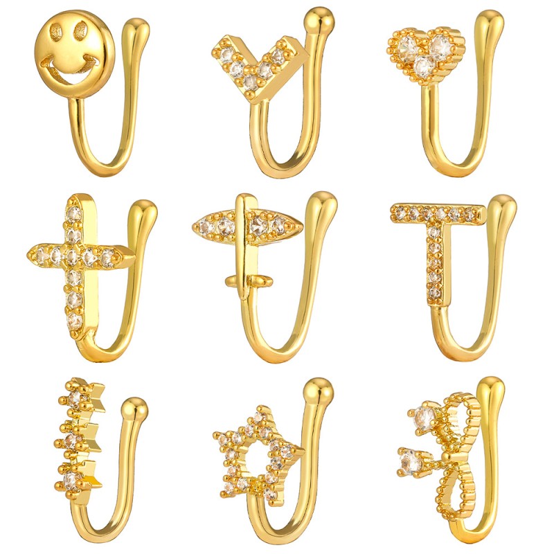 Nose Ring Supplier - Fashion Copper Zircon Golden Heart Bowknot Star Free Twist