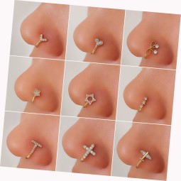 Nose Ring Supplier - Fashion Copper Zircon Golden Heart Bowknot Star Free Twist