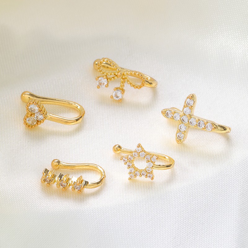 Nose Ring Supplier - Fashion Copper Zircon Golden Heart Bowknot Star Free Twist