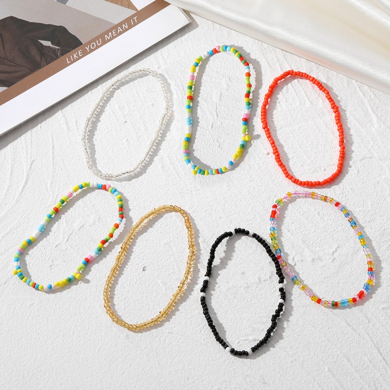 Anklet Bracelets Supplier - 7pcs Handmade Beaded Rainbow Color Elastic Foot Beach