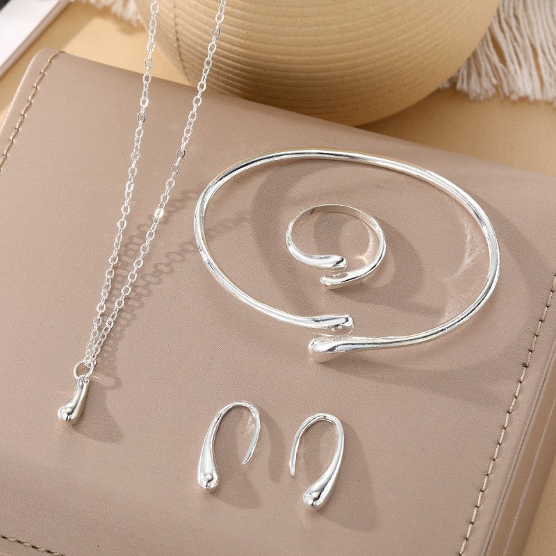 Jewelry Set Factory - 4Pcs Drop Adjustable Necklace Earrings Twisted Rings Bangle
