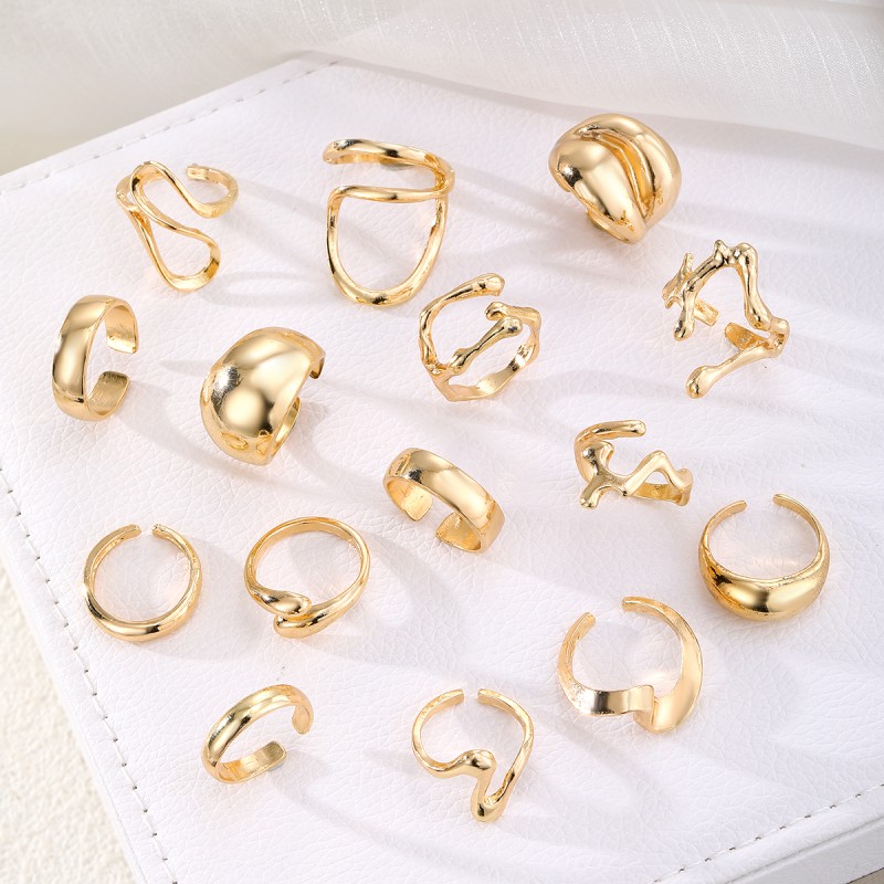 Ring Set Factory - 15Pcs Exaggerated Geometric Metallic Style Lava Lines