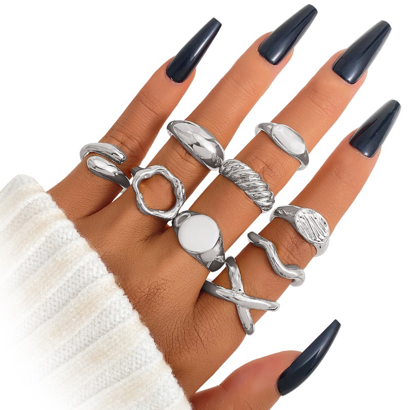Finger Rings Supplier - 9pcs Exaggerate Irregular Geometry Open Punk Style Wedding