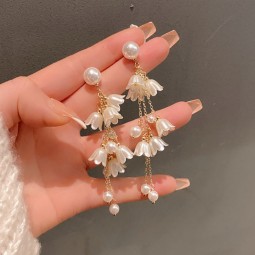 Pierced Earrings Supplier - White Flower Long Tassel Pretty Simulated Pearl Drop