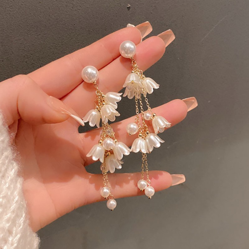 Pierced Earrings Supplier - White Flower Long Tassel Pretty Simulated Pearl Drop