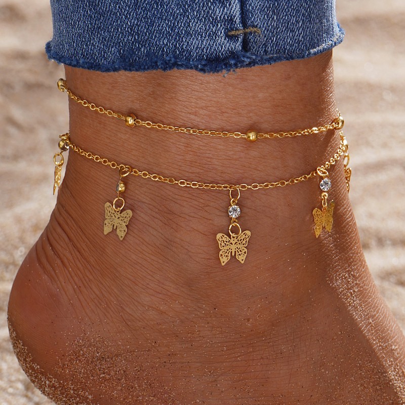 Anklets Set Supplier - Boho Beach Butterfly Multi Layered Adjustable Link Chain