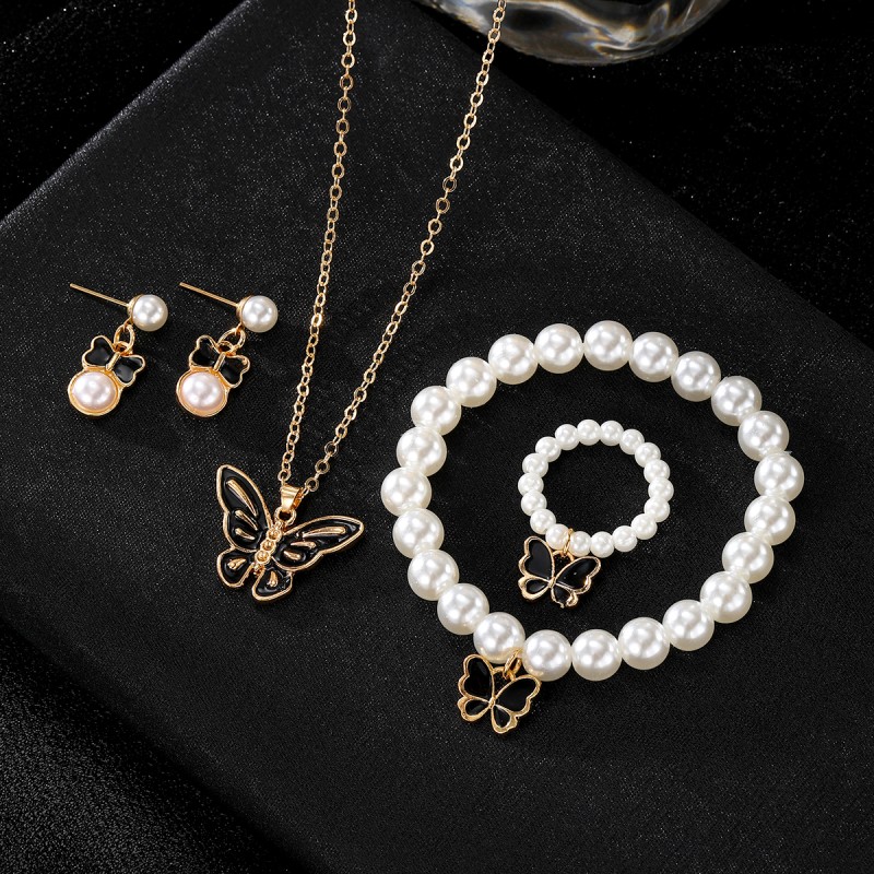 Jewelry Set Factory - 4pcs Fashion Butterfly Pendant Vintage Bracelet Pearl Beaded