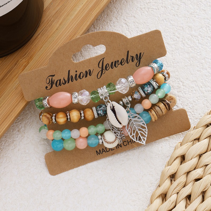 Bracelet Supplier - Bohemian Layered Colorful Rice Beads Leaf Shell Crystal Geometric
