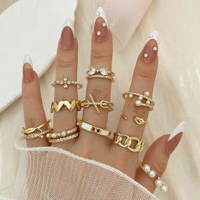 Finger Rings Factory - Fashion Open Adjustable Gold Plated Pearl Beaded Butterfly Cross