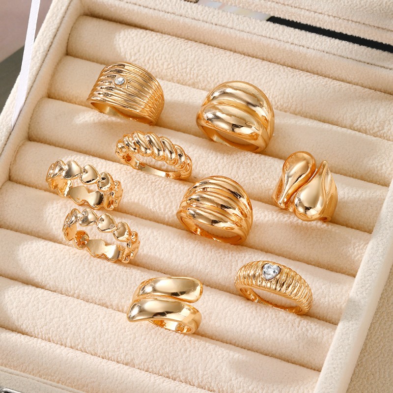 Ring Set Factory - 9 Piece Fashion Irregular Geometric Heart Zircon Open Adjustable