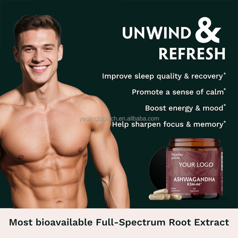 OEM Ashwagandha Capsule Manufacturer - Private Label KSM 66 Pure Organic Ashwagandha Root Powder Extract Ayurvedic Dietary Supplement