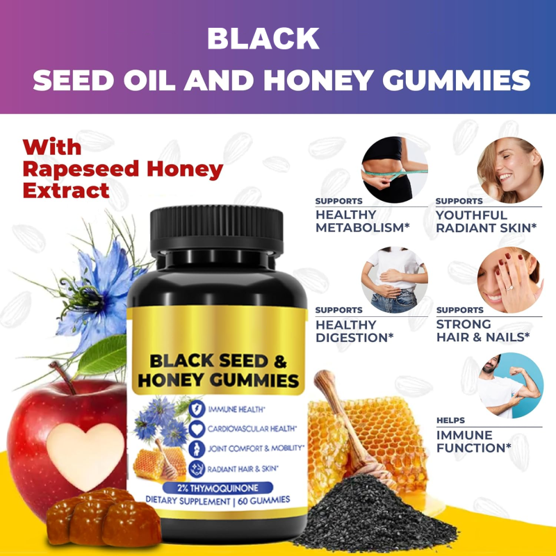OEM/OED Black Seed Oil Gummies Manufacturer - Private Label Custom Label Organic Black Seed Oil Gummies with Honey (Antioxidant & Immune Support)