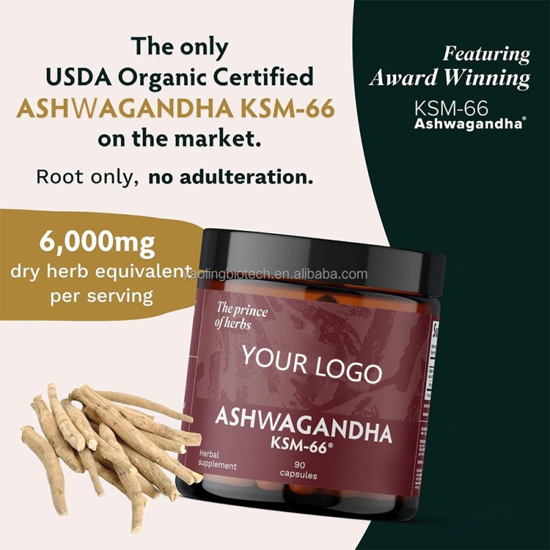 OEM Ashwagandha Capsule Manufacturer - Private Label KSM 66 Pure Organic Ashwagandha Root Powder Extract Ayurvedic Dietary Supplement