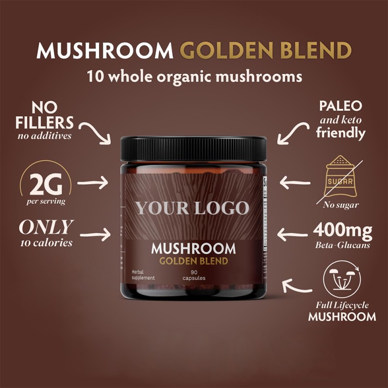 OEM/ODM Mushroom Golden Blend Capsules Manufacturer - Private Label Vegan Adaptogenic Mushrooms Powder Supplement for Immune Support