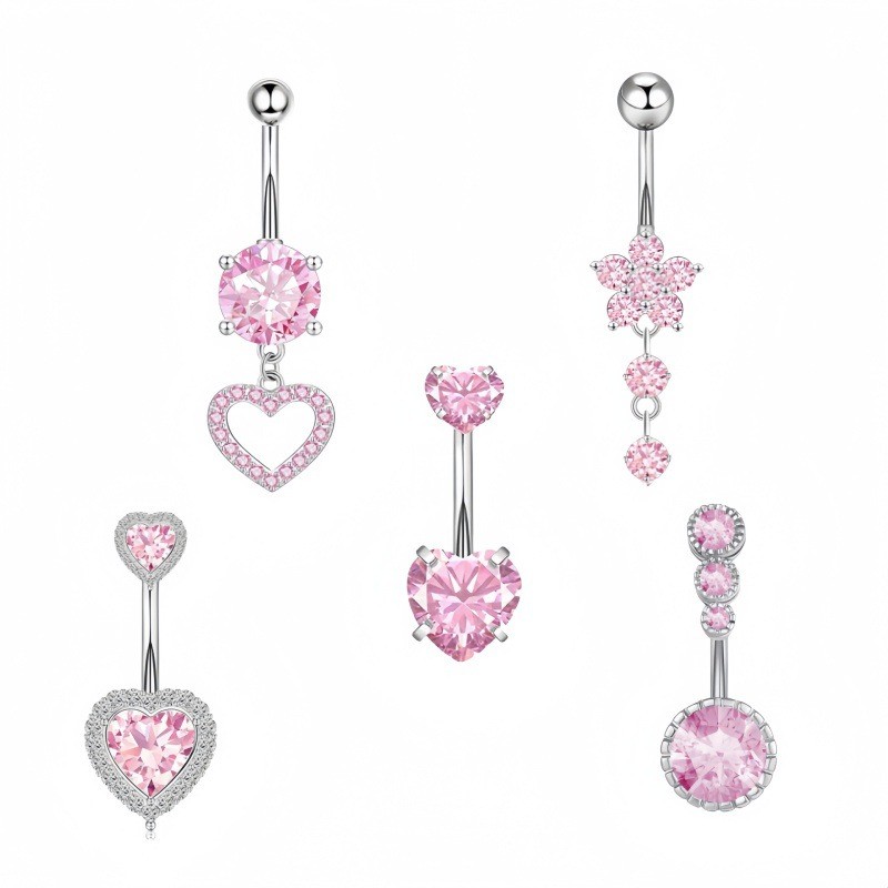 Navel Ring Set Manufacturer - 5 Pcs New Zircon Pink Series