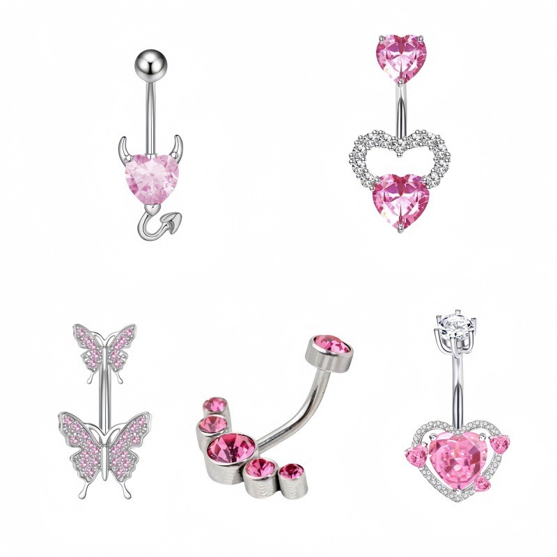 Navel Ring Set Manufacturer - 5 Pcs New Zircon Pink Series