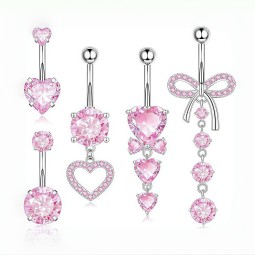Belly Button Rings Supplier - Set 5 Pink Zircon Inlay Heart