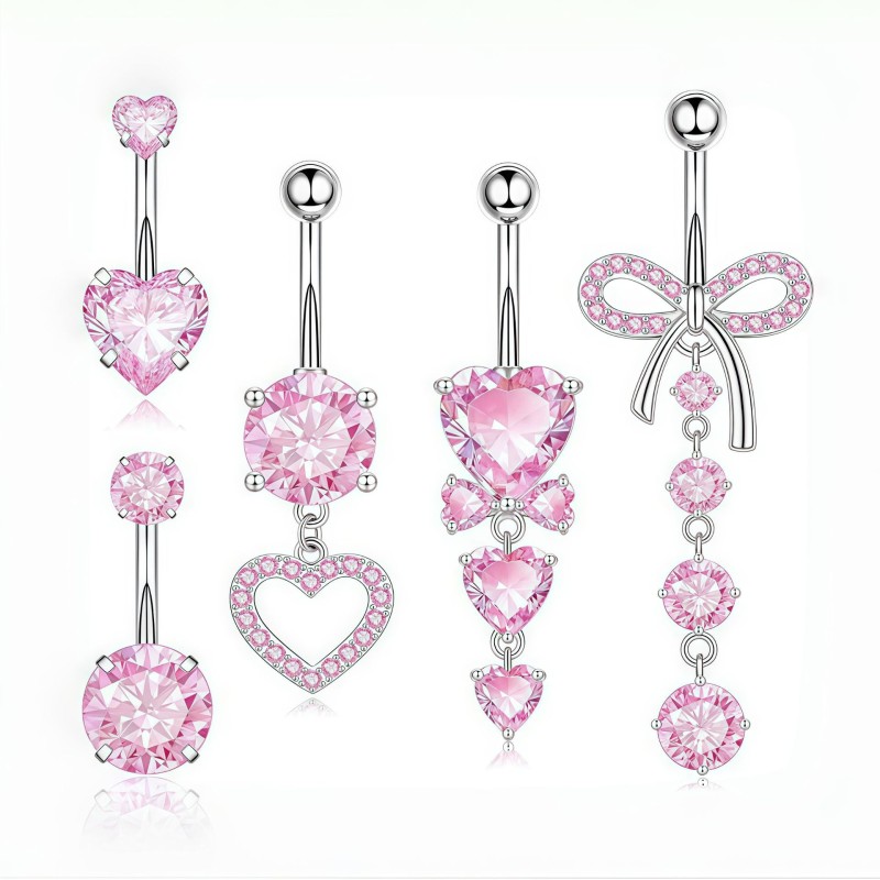 Belly Button Rings Supplier - Set 5 Pink Zircon Inlay Heart