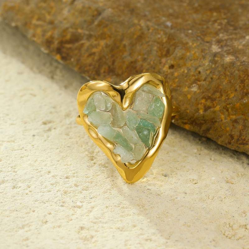 Stone Rings Manufacturer - Natural Stone Heart 18k Gold Plated Stainless Steel