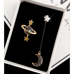 Silver Earrings Factory - Statement Asymmetrical Universe Star Moon Long Tassel