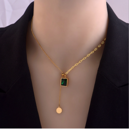 Crystal Necklace Factory - Gold-plated Green Square Emerald Stainless Steel Tassel