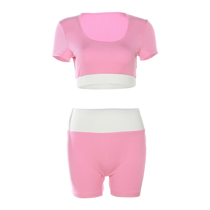 Women Top Set Supplier - 2023 Summer Short Sleeve Solid Color Casual High Waist