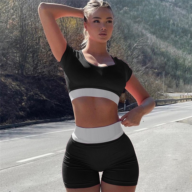 Women Top Set Supplier - 2023 Summer Short Sleeve Solid Color Casual High Waist