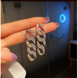 Silver Earrings Supplier - 925 Silver Needle Shiny Long Chain Rhinestone Oval