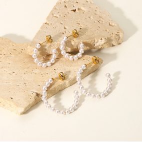 Hoop Earrings Manufacturer - 18K Gold Stainless Steel 30mm Pearl C-Shaped