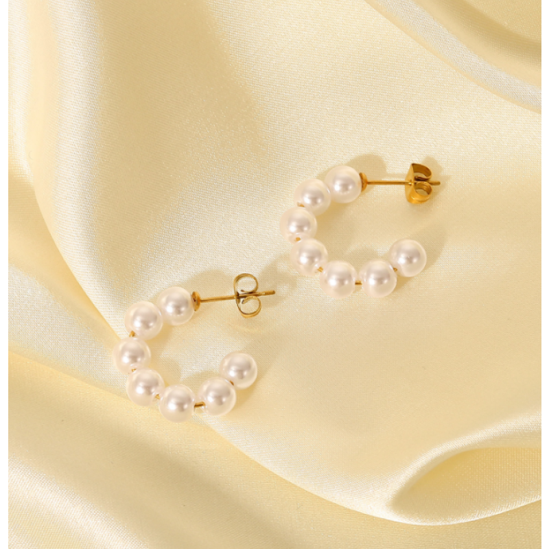 Hoop Earrings Manufacturer - 18K Gold Stainless Steel 30mm Pearl C-Shaped