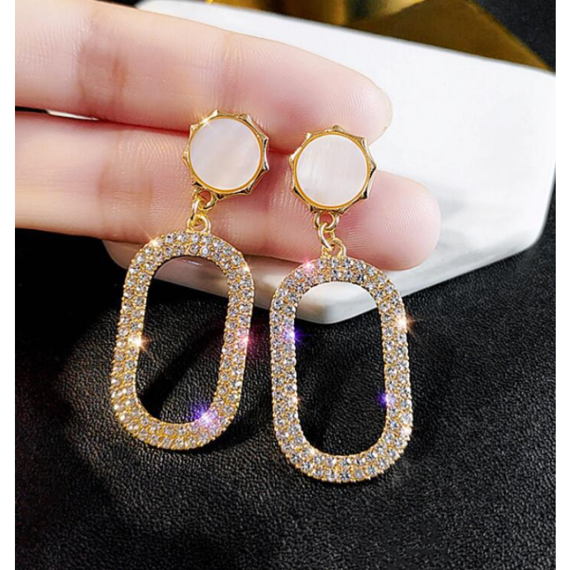 Silver Earrings Supplier - 925 Silver Needle Shiny Long Chain Rhinestone Oval