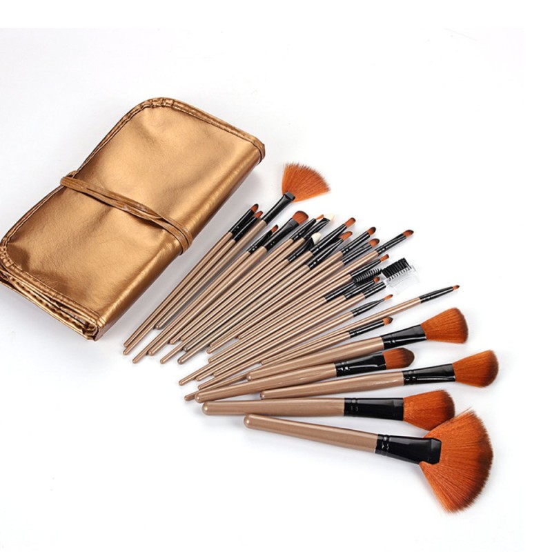 Makeup Brushes Set Factory - Wholesale 24Pcs Beige Cosmetic Brushes With Pouch