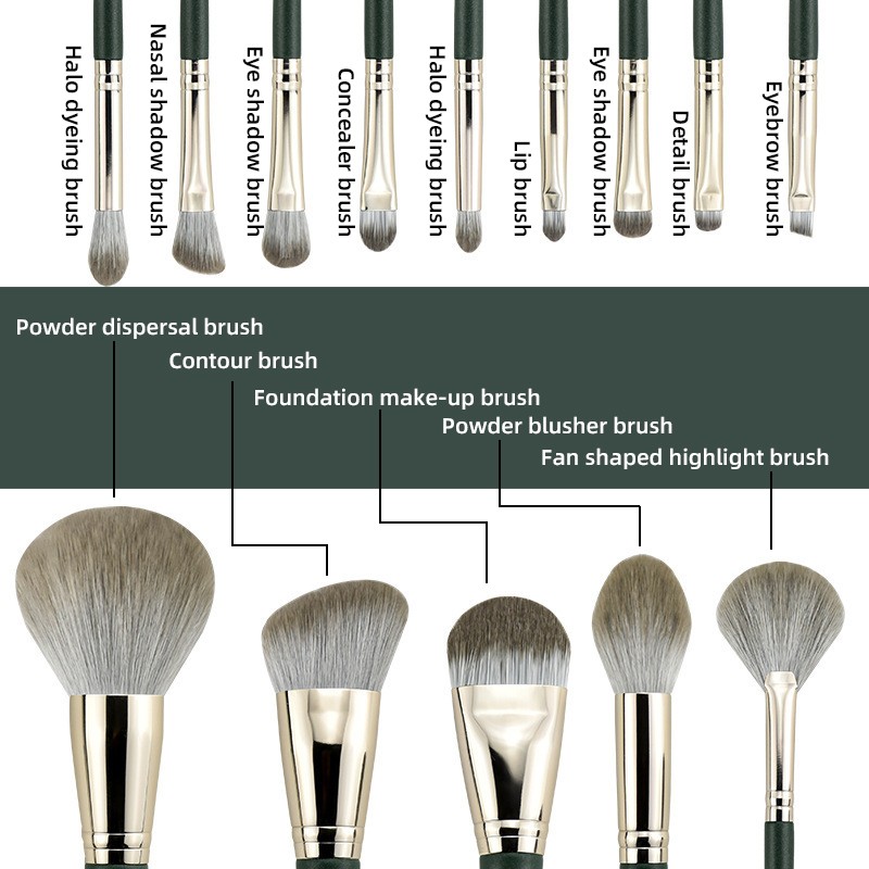 Makeup Brush Set Factory - 14 Piece Dark Green Set