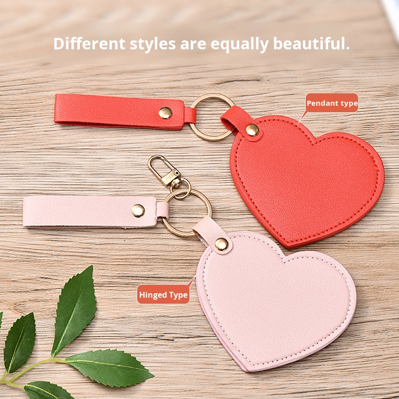 Keychain Mirror Factory - Portable Double Heart PU Leather Folding Pocket