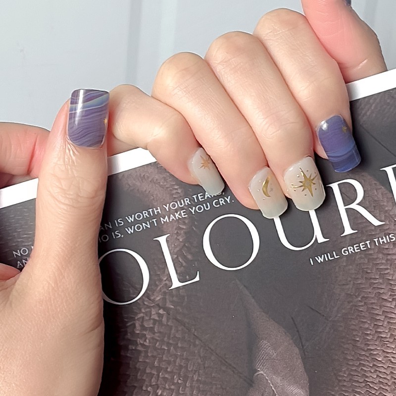 Semi-Cured Nail Stickers Wholesale - 16 Real Gel Moon Star Design Full Wraps