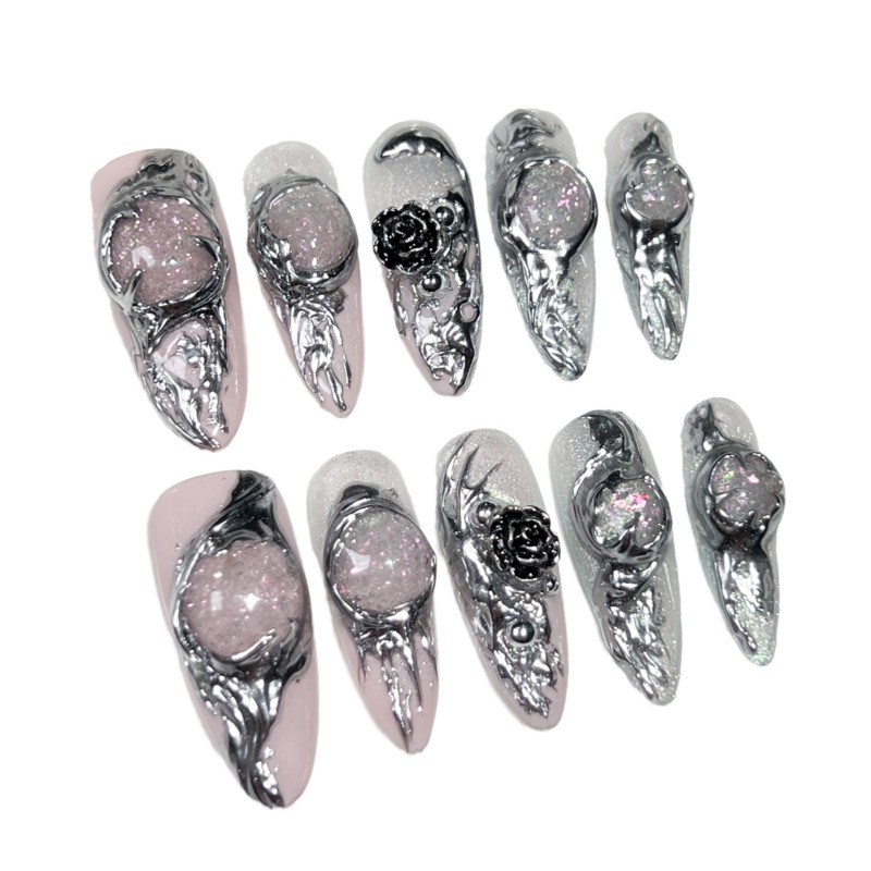 Press on Nails Supplier - Hot Products Gothic Y2K Almond Cat Eye Punk Metal Party Nail Sticker