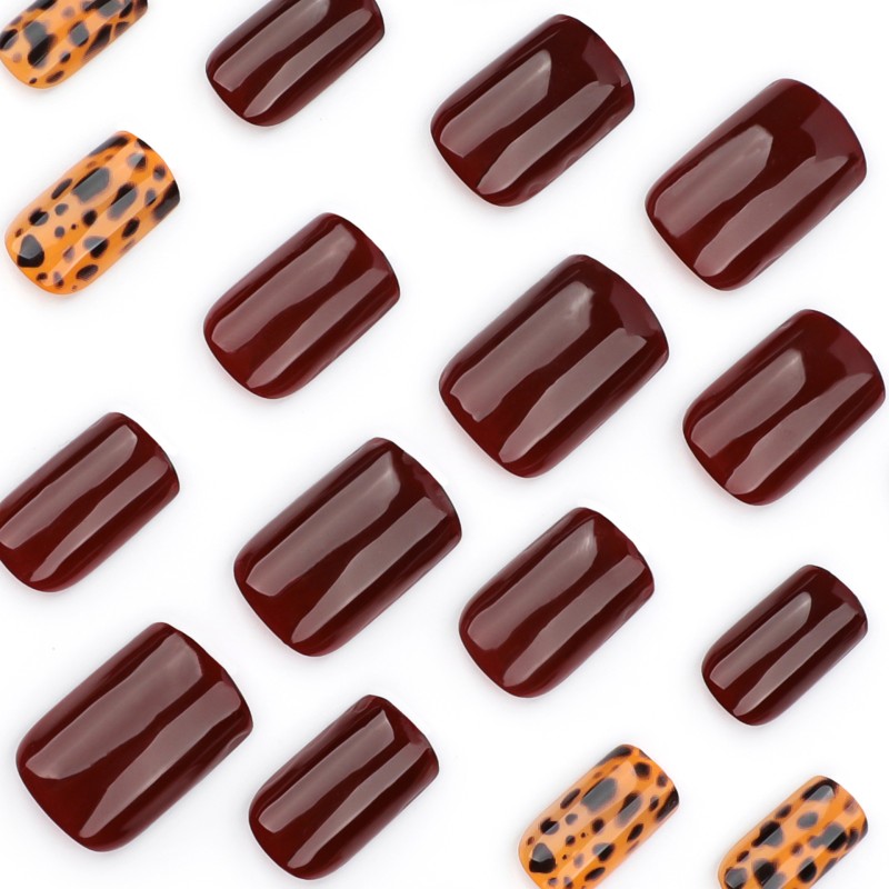 Press on Nails Manufacturer - 24pcs Burgundy Leopard Print Maillard Short Square Art Acrylic