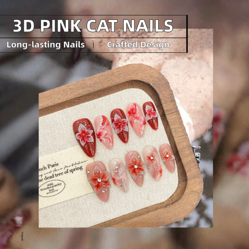 Press on Nails Factory - Design Acrylic Pink 3D Flower Cat Eye Coffin French False Diy