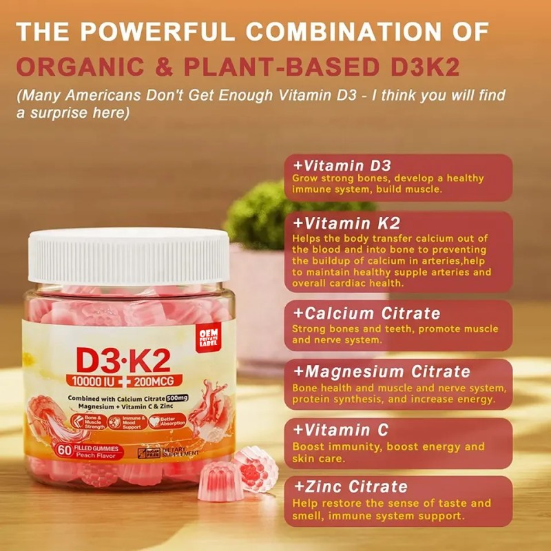 Vitamin D3 K2 Gummies Manufacturer - Center Filled Sugar-Free 5000iu Bone Muscle Health