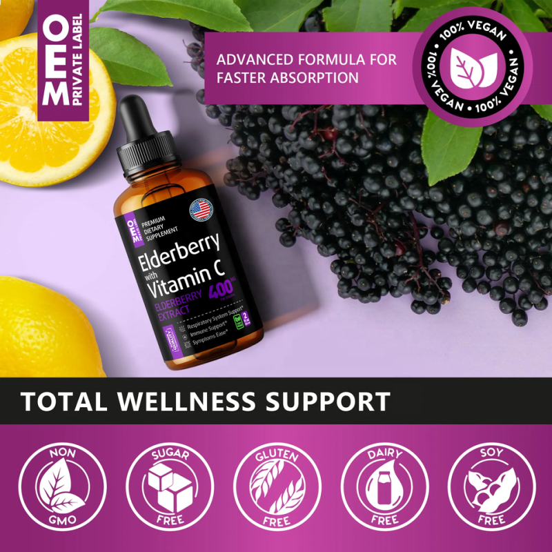 Elderberry Drops Manufacturer - Organic Sambucus Liquid Black Extract Vitamin C Antioxidant