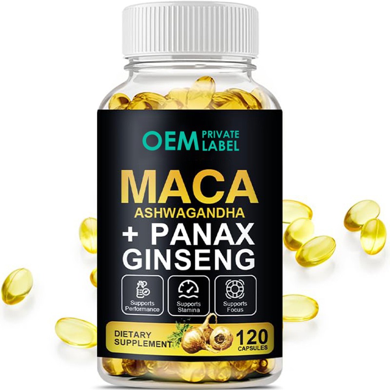 Maca Root Softgels Factory - Private Label 3 in 1 Ashwagandha Panax Ginseng Energy Stamina
