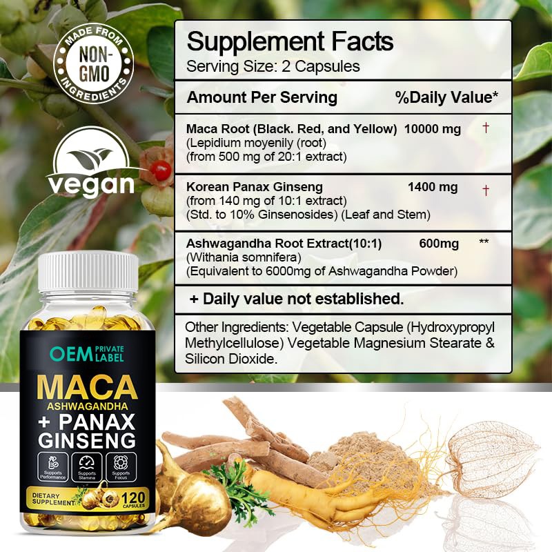 Maca Root Softgels Factory - Private Label 3 in 1 Ashwagandha Panax Ginseng Energy Stamina