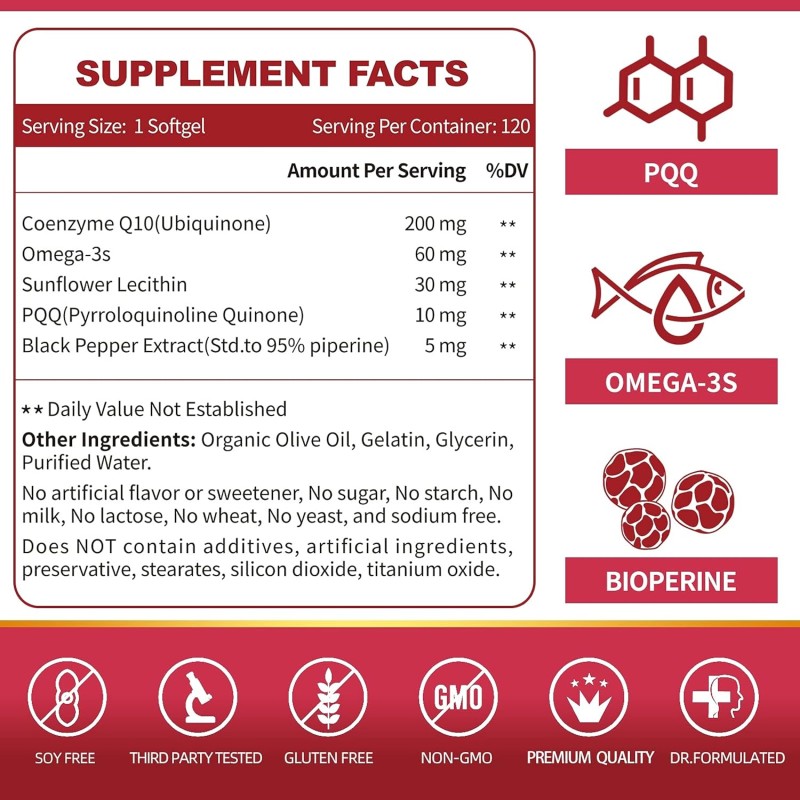 CoQ10 Softgels Supplier - OEM 200mg with BioPerine Omega 3 Antioxidant Heart Support