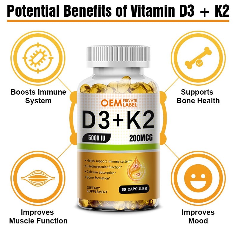 Vitamin D3 K2 Softgels Manufacturer - Private Label 5000 IU D3+200MCG K2 Calcium Absorption