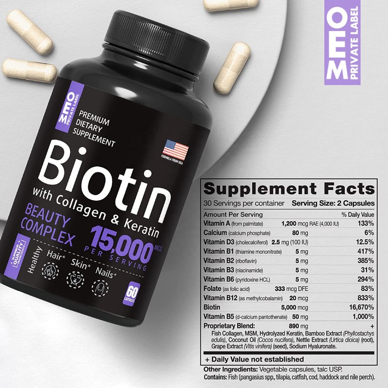 Biotin Capsules Supplier - Private Label Vegan 10000mcg Hair Skin Nails Collagen Vitamin