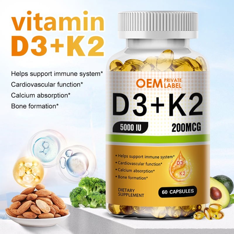 Vitamin D3 K2 Softgels Manufacturer - Private Label 5000 IU D3+200MCG K2 Calcium Absorption