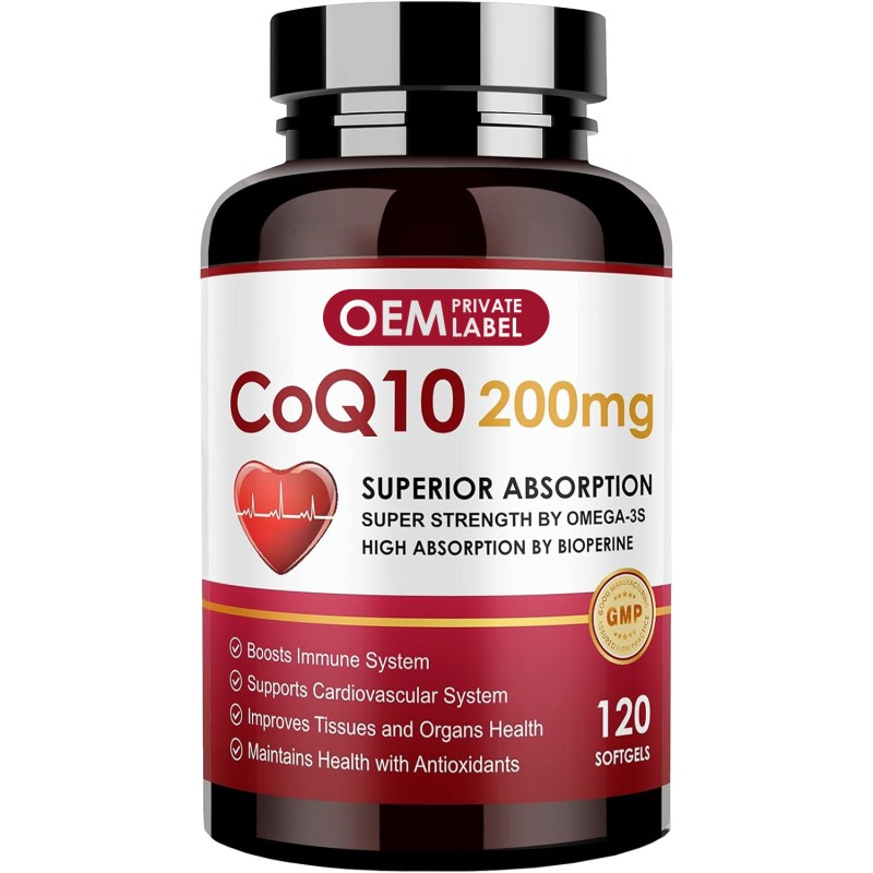 CoQ10 Softgels Supplier - OEM 200mg with BioPerine Omega 3 Antioxidant Heart Support
