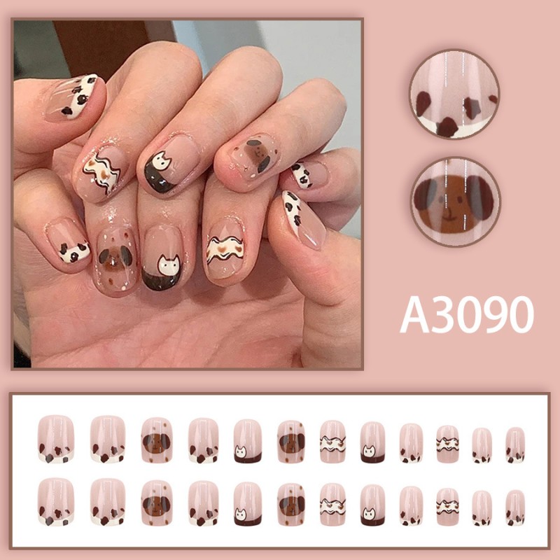 Press-On Nails Factory - Wholesale 24pcs Premium Coffin Design ABS Press-On French Cute Spotted Dog Cartoon
